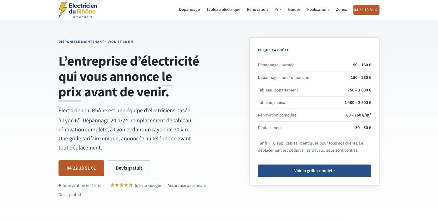 Screenshot of the Électricien du Rhône website