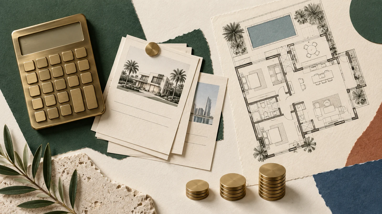 A brass calculator, property enquiry cards and stacks of tokens beside a residential floor plan.
