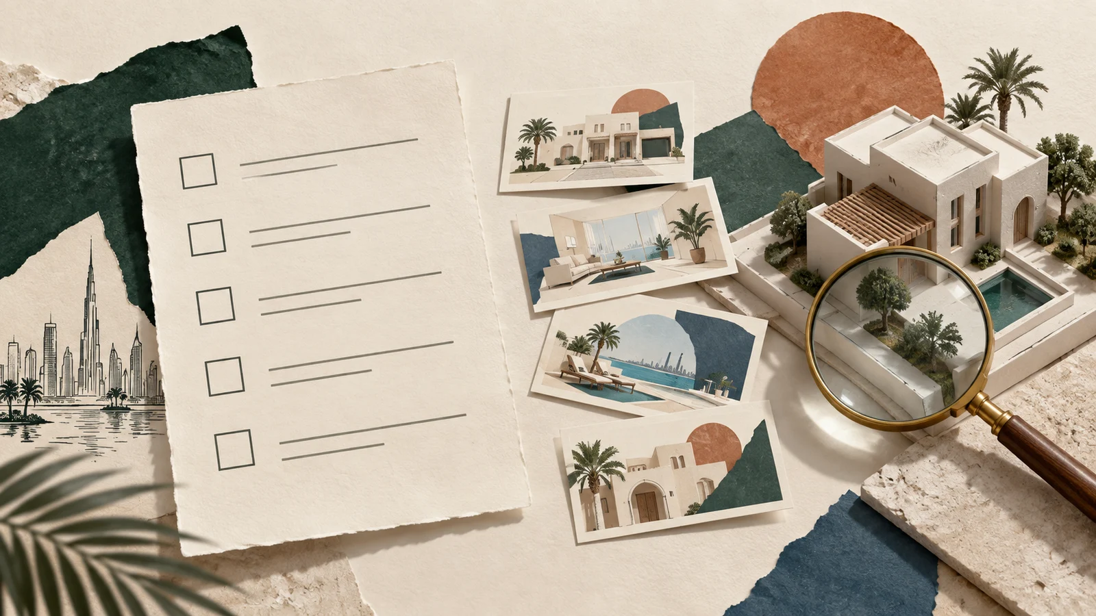 A checklist, property cards and a magnifying glass beside a scale model of a villa.