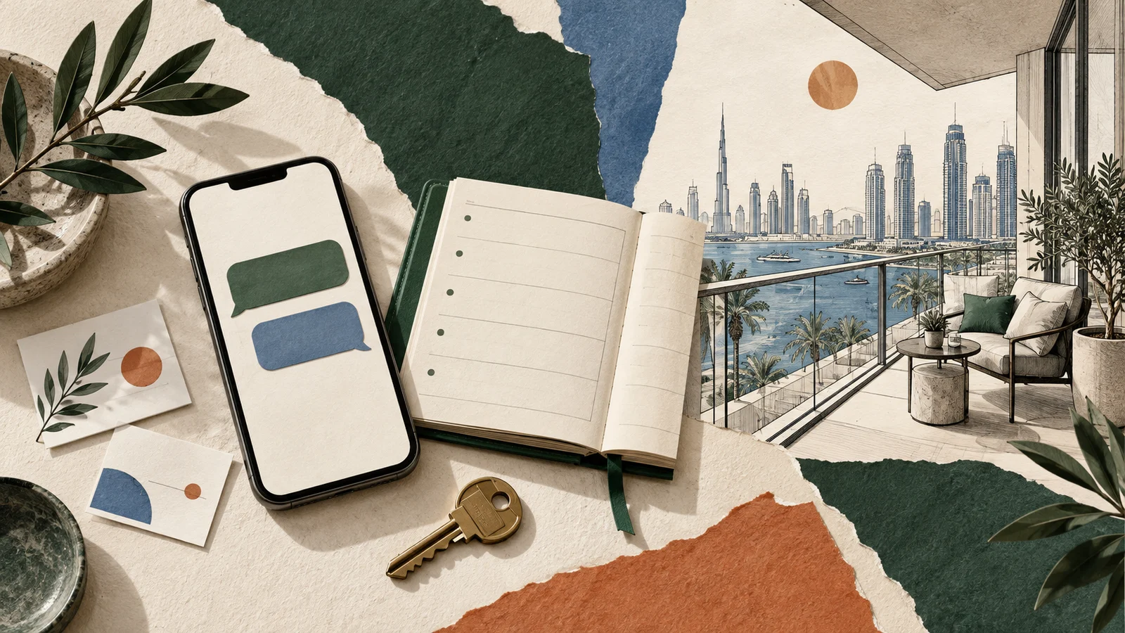 Two chat bubbles on a phone beside an appointment planner, a key and a Dubai apartment balcony.